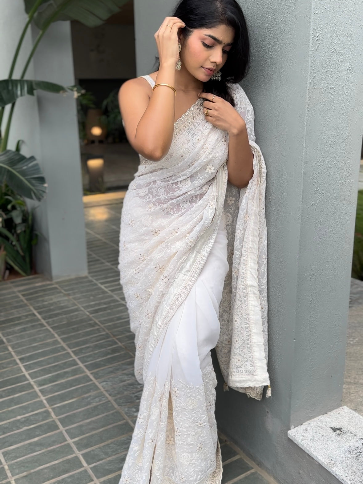 Off-white Chikankari saree