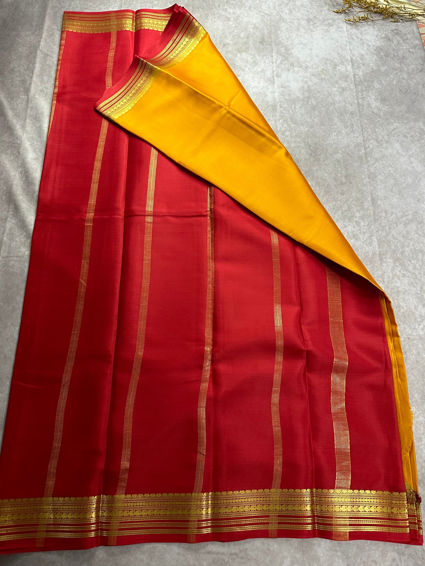 Mustard yellow- red ashwini pure crepe silk saree