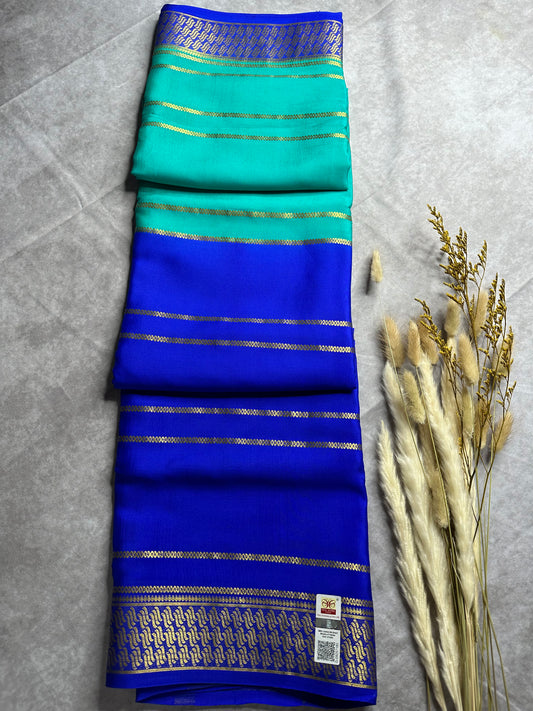 Sky Blue- royal blue fancy 1/2 X 1/2 stripes crepe silk saree