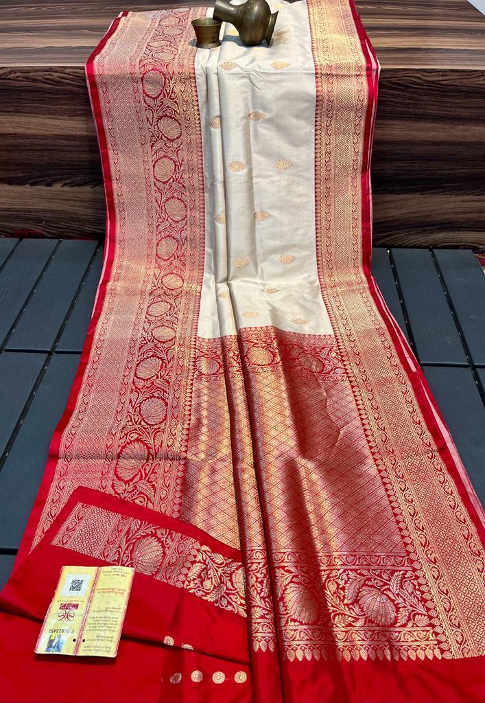 Off-white katan silk saree