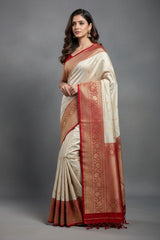 Off-white katan silk saree