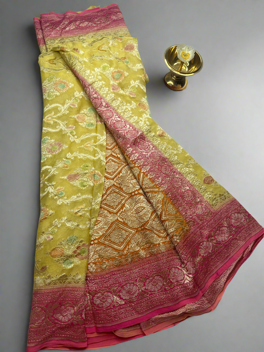 YELLOW-PINK PURE GEORGETTE SAREE