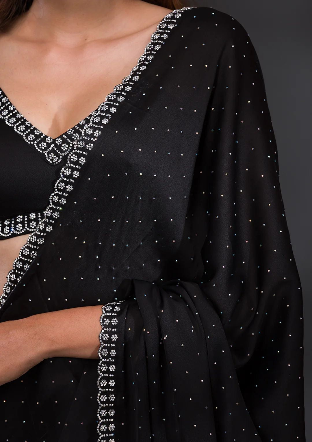 Black Chinnon crepe with diamond work saree