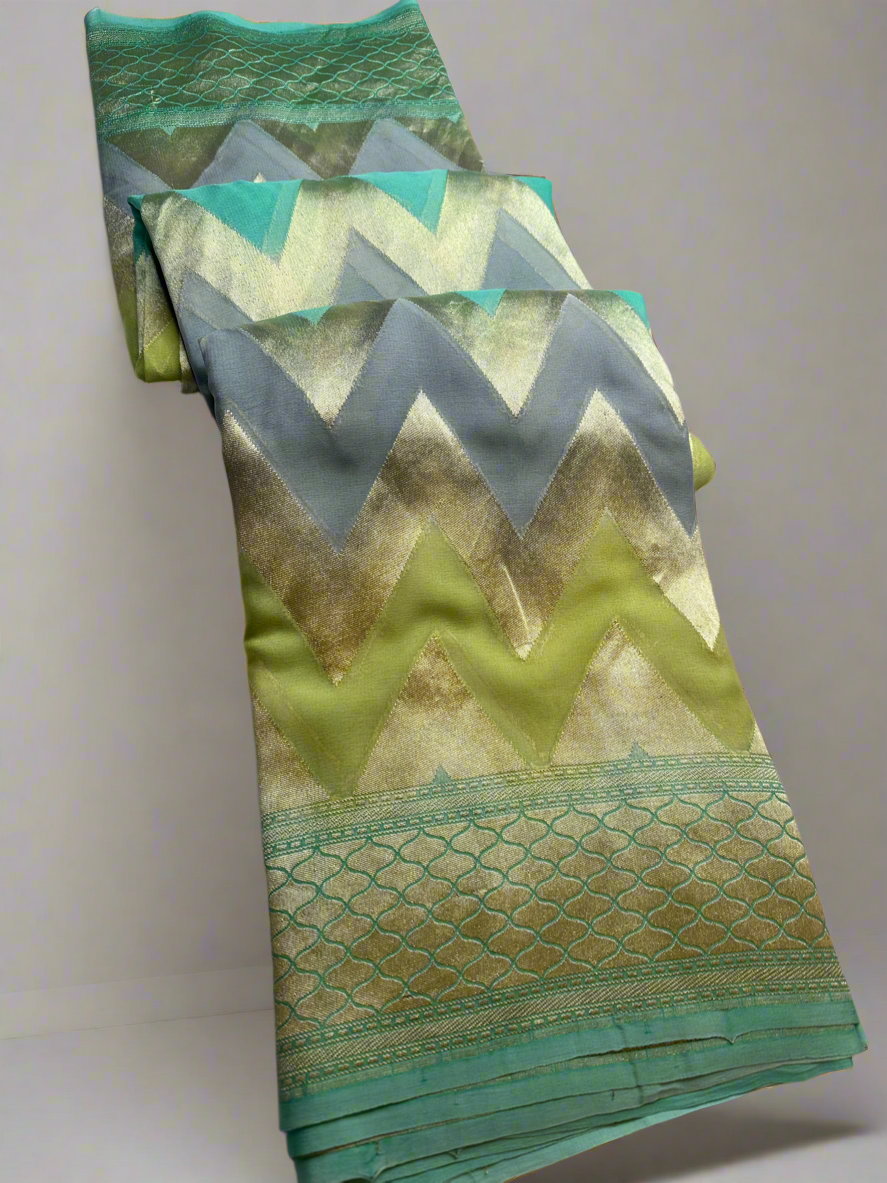 GREEN - BLUE SILVER ZARI PURE KHADDI GEORGETTE SAREE