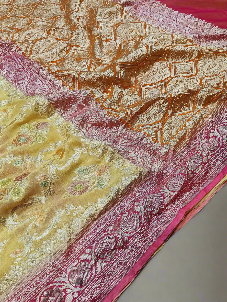 YELLOW-PINK PURE GEORGETTE SAREE