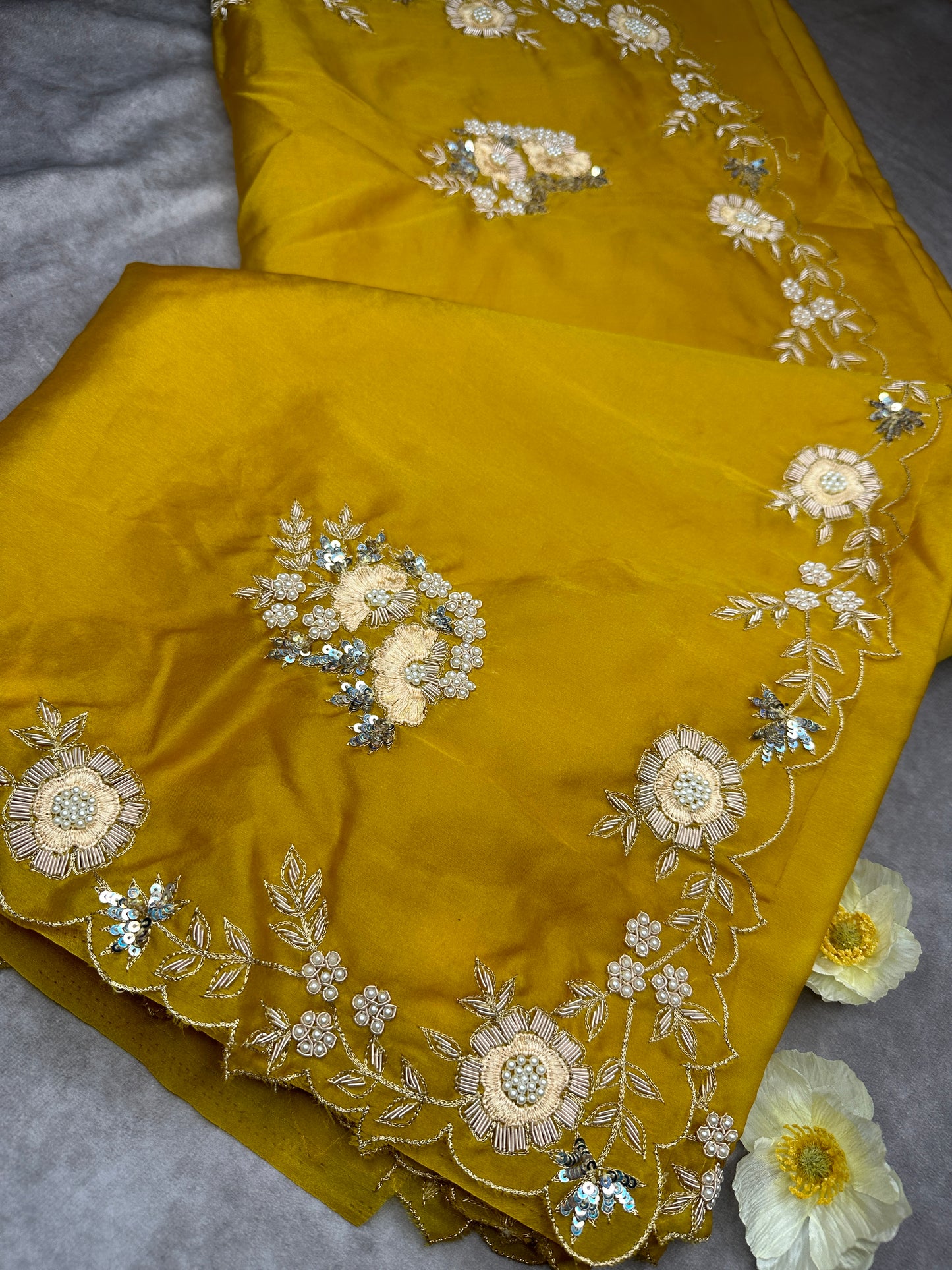 Golden yellow satin organza hand embroidery saree