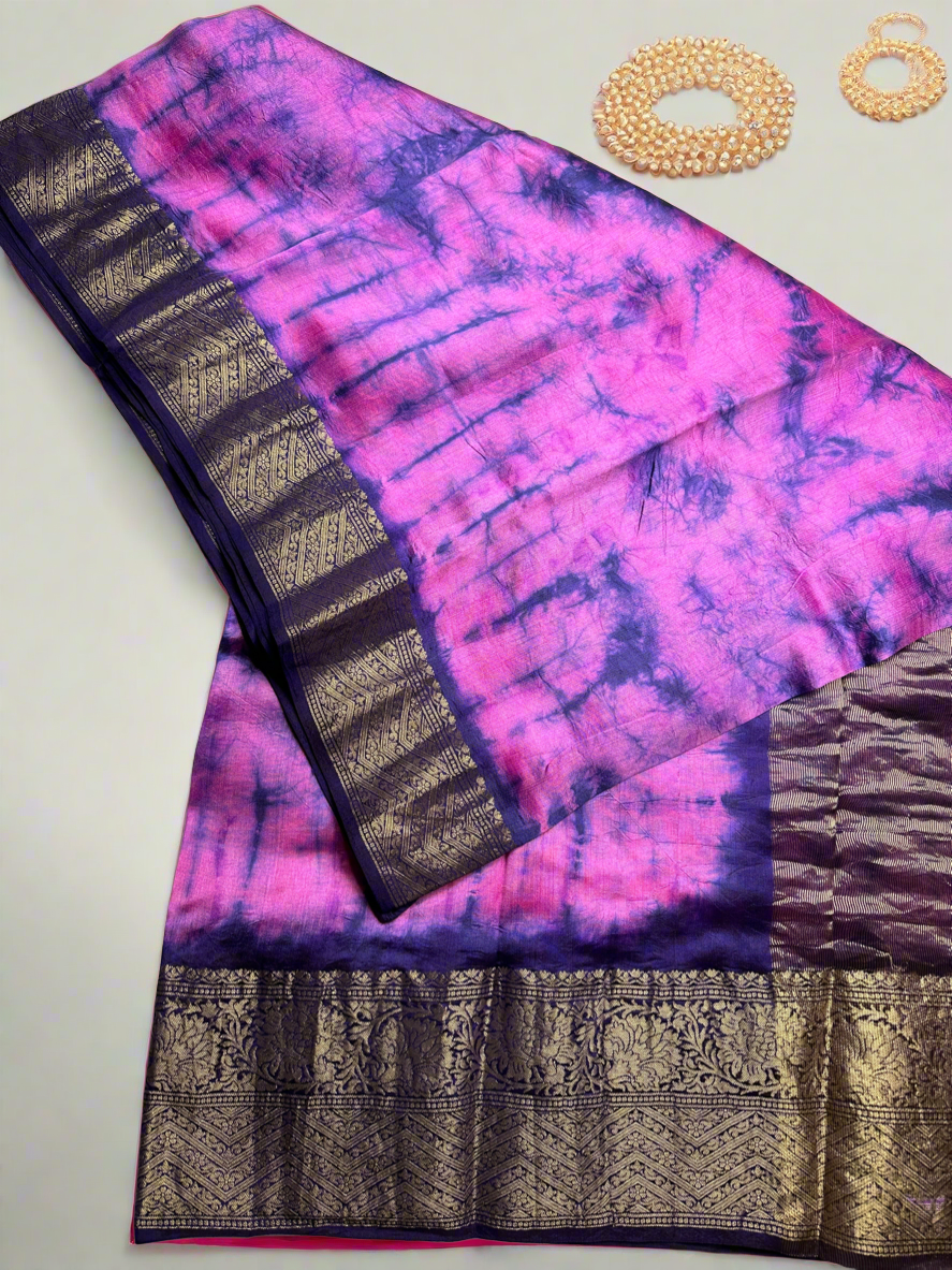 Pink-purple tie-dye pure chiniya silk saree