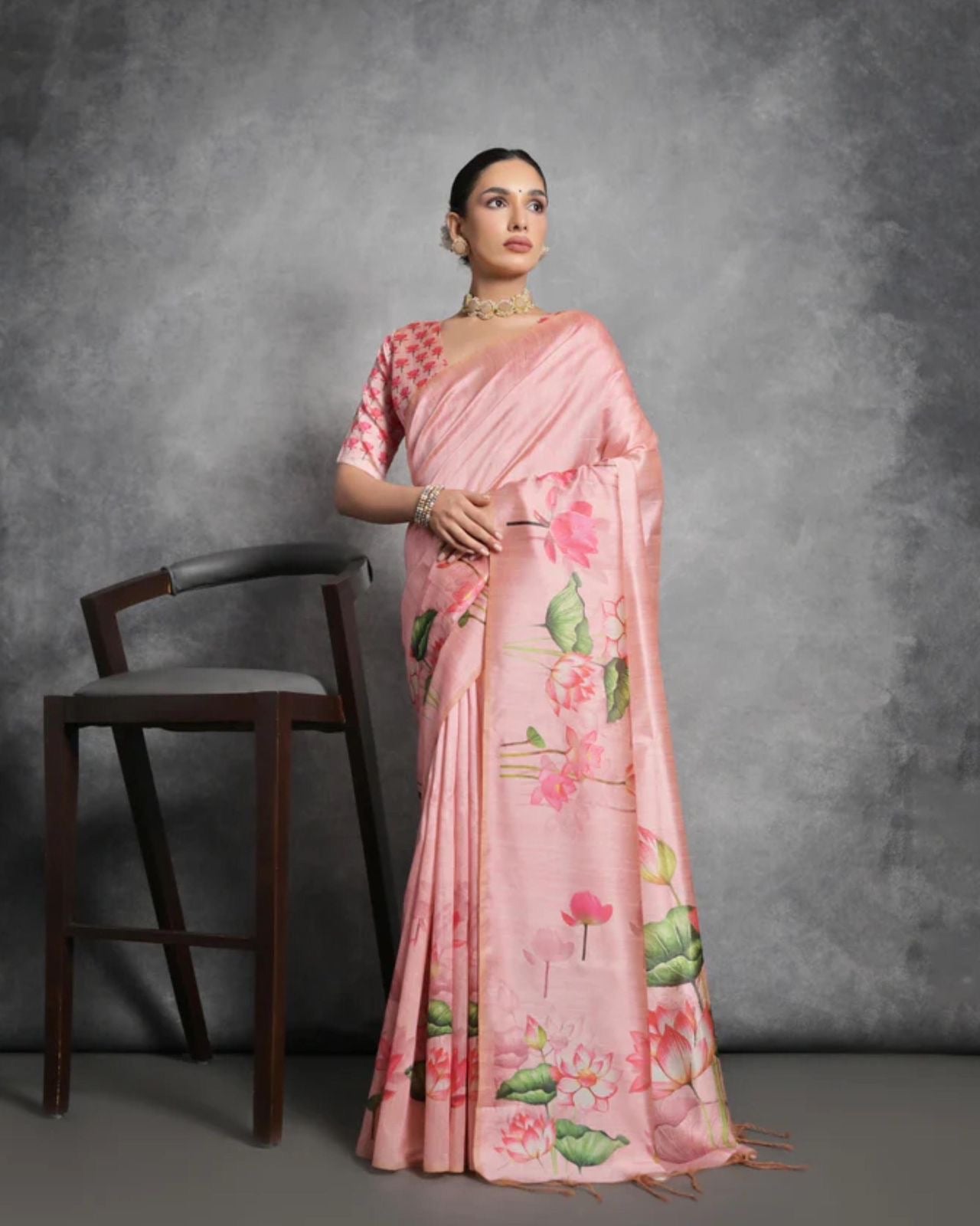 Pink Digital flower printed blouse saree