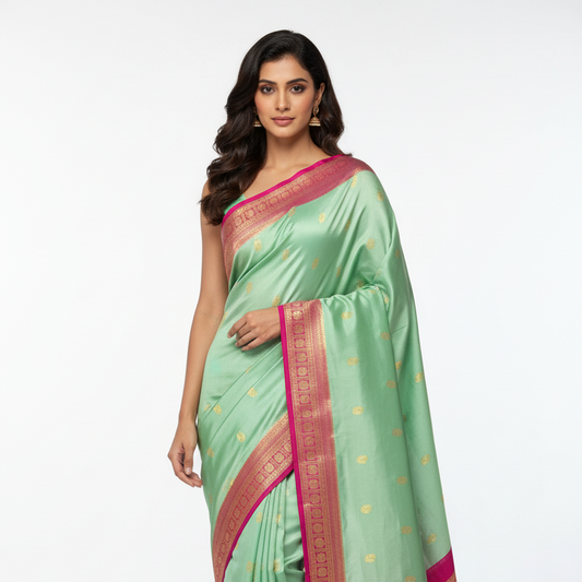 Mint green-magenta pure crepe swan silk saree
