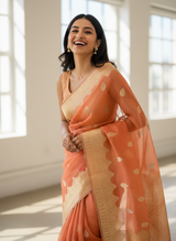 Peach Nethra handloom pure organza saree