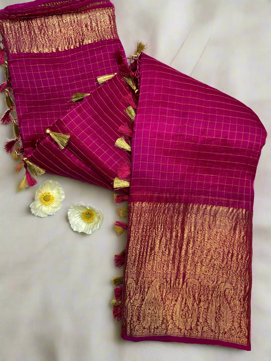 Rani pink organza checks saree