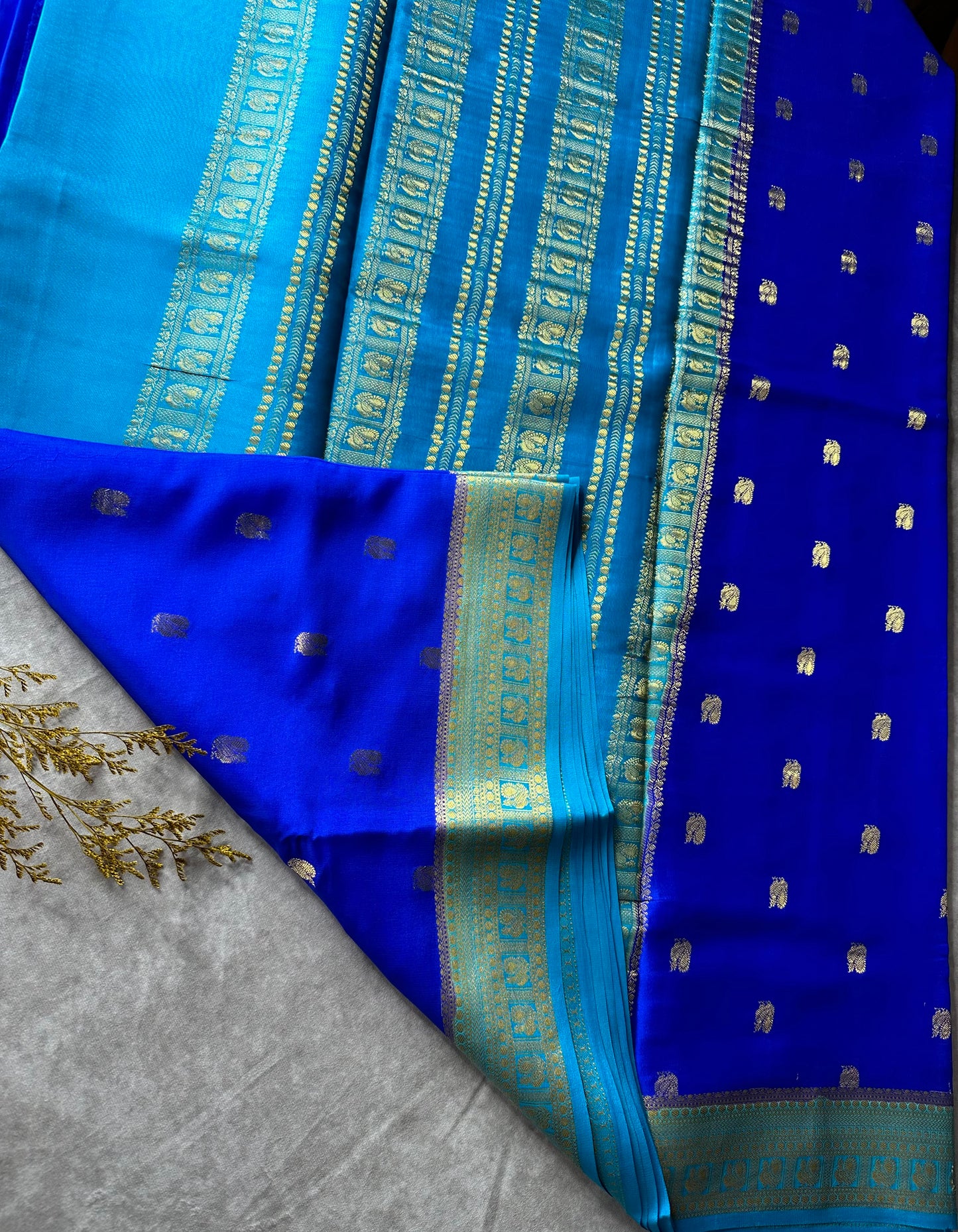 Navy blue- sea green peacock butta pure crepe silk saree