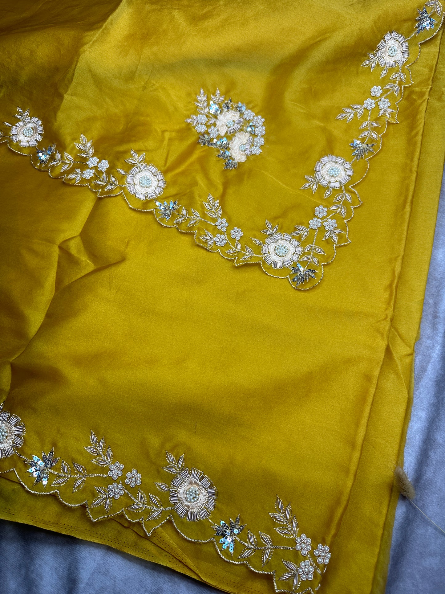 Golden yellow satin organza hand embroidery saree