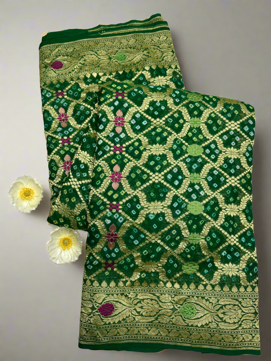 GREEN MEENAKARI GEORGETTE WITH A BANDHINI PRINT