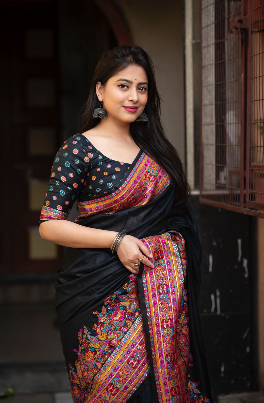 Black Kashmiri cotton saree