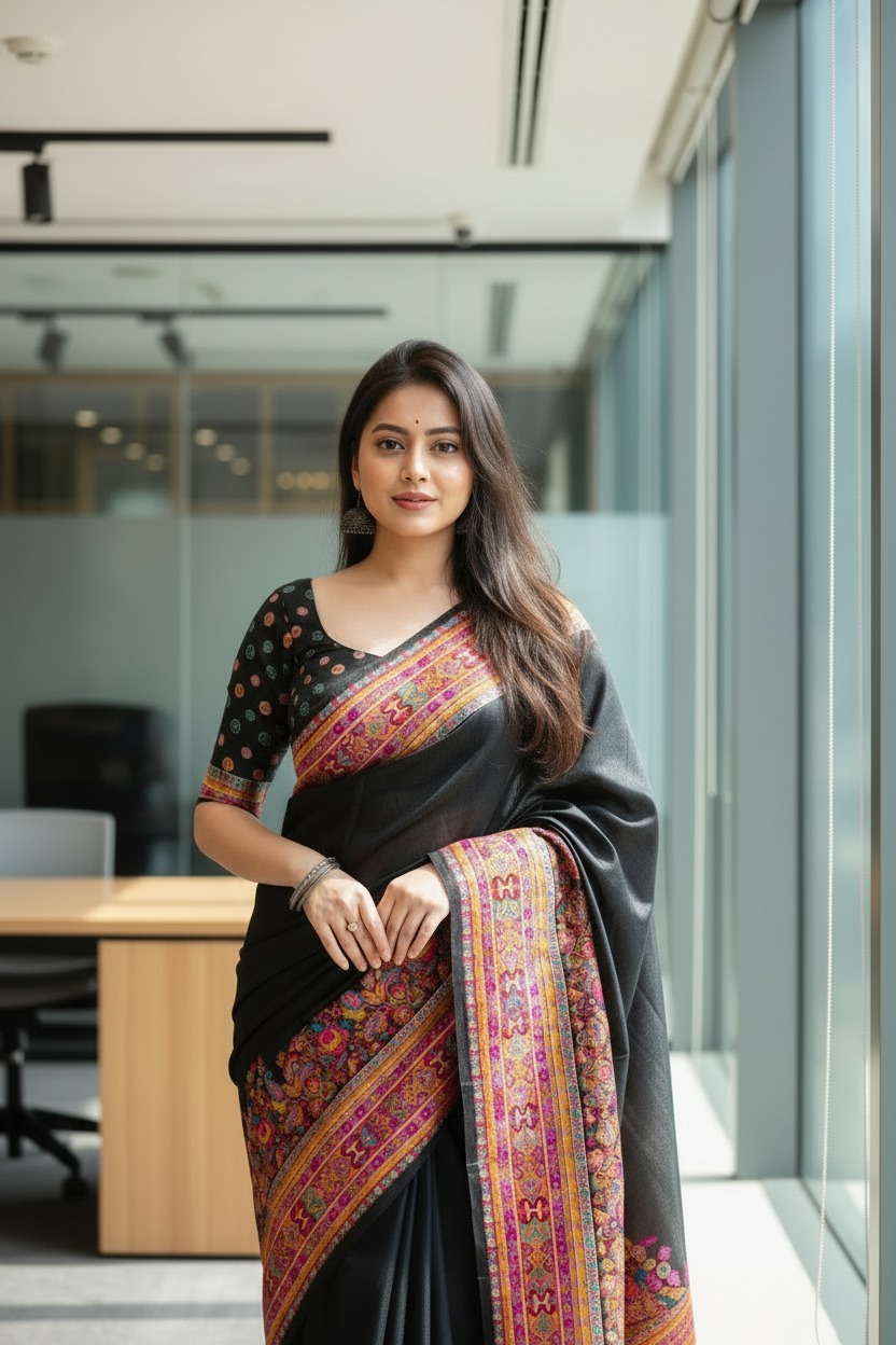 Black Kashmiri cotton saree