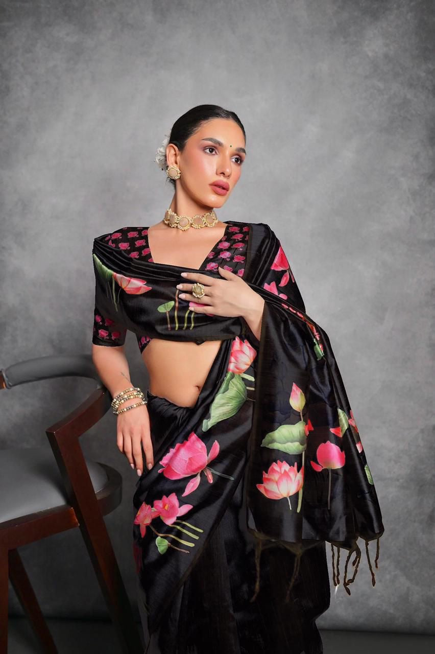 Black Digital flower printed blouse saree