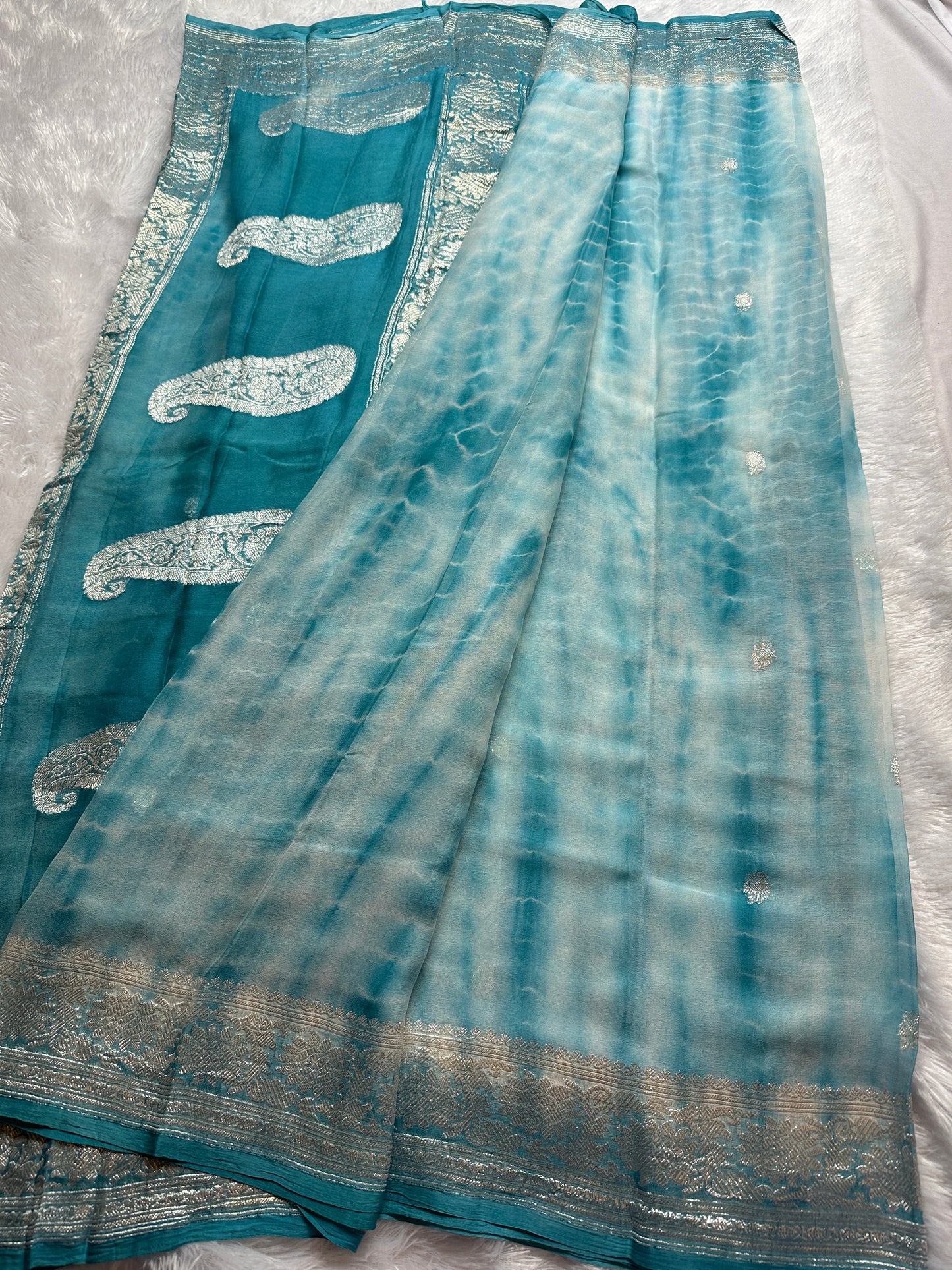 LIGHT BLUE SHADED CHIFFON GEORGETTE WITH SILVER ZARI