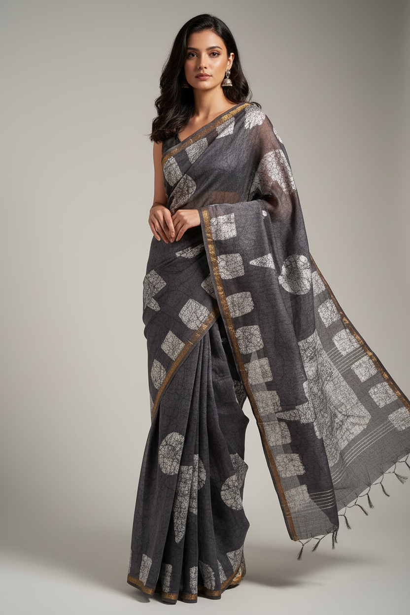 Grey Cotton batik print zari less saree