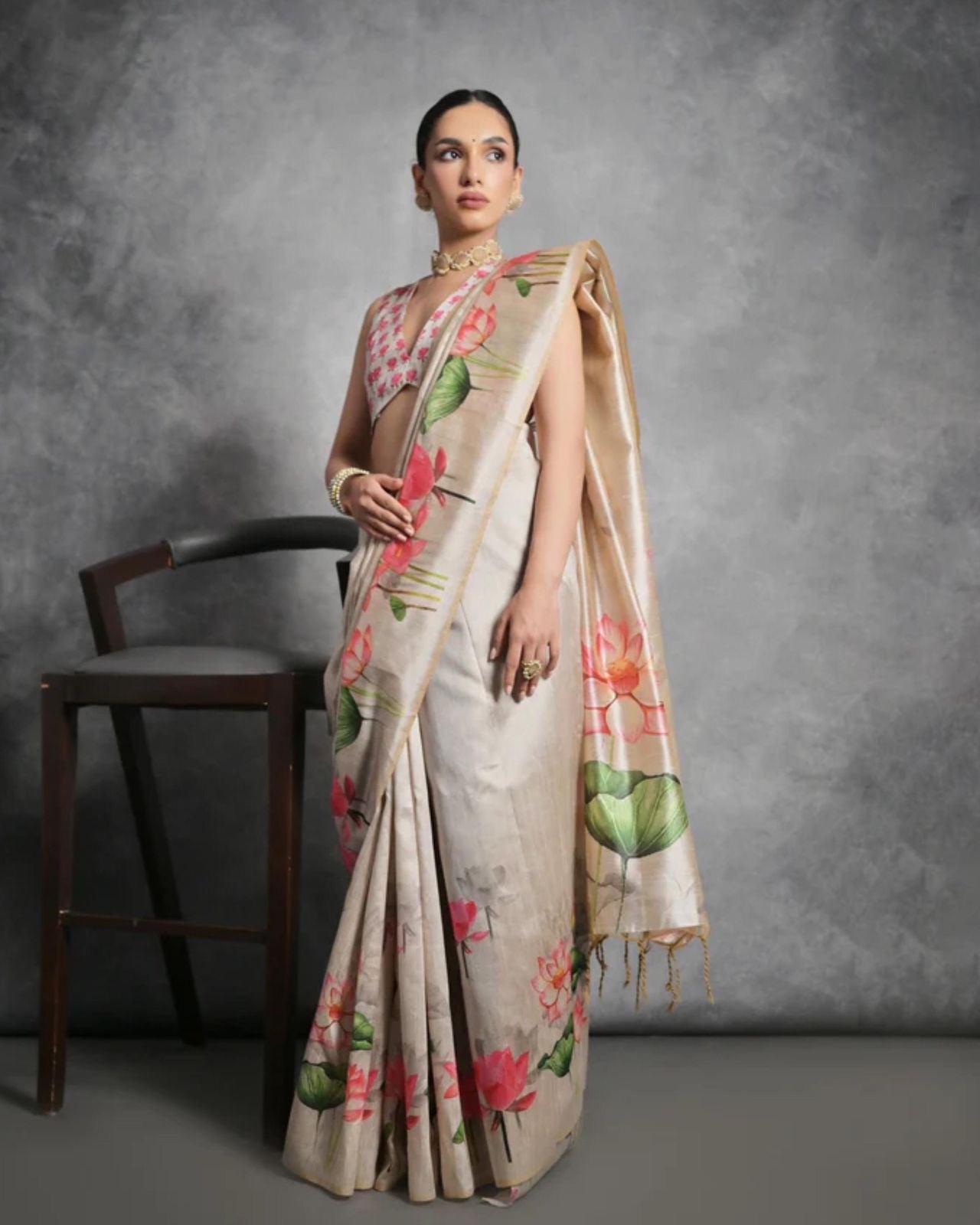 Beige Digital flower printed blouse saree