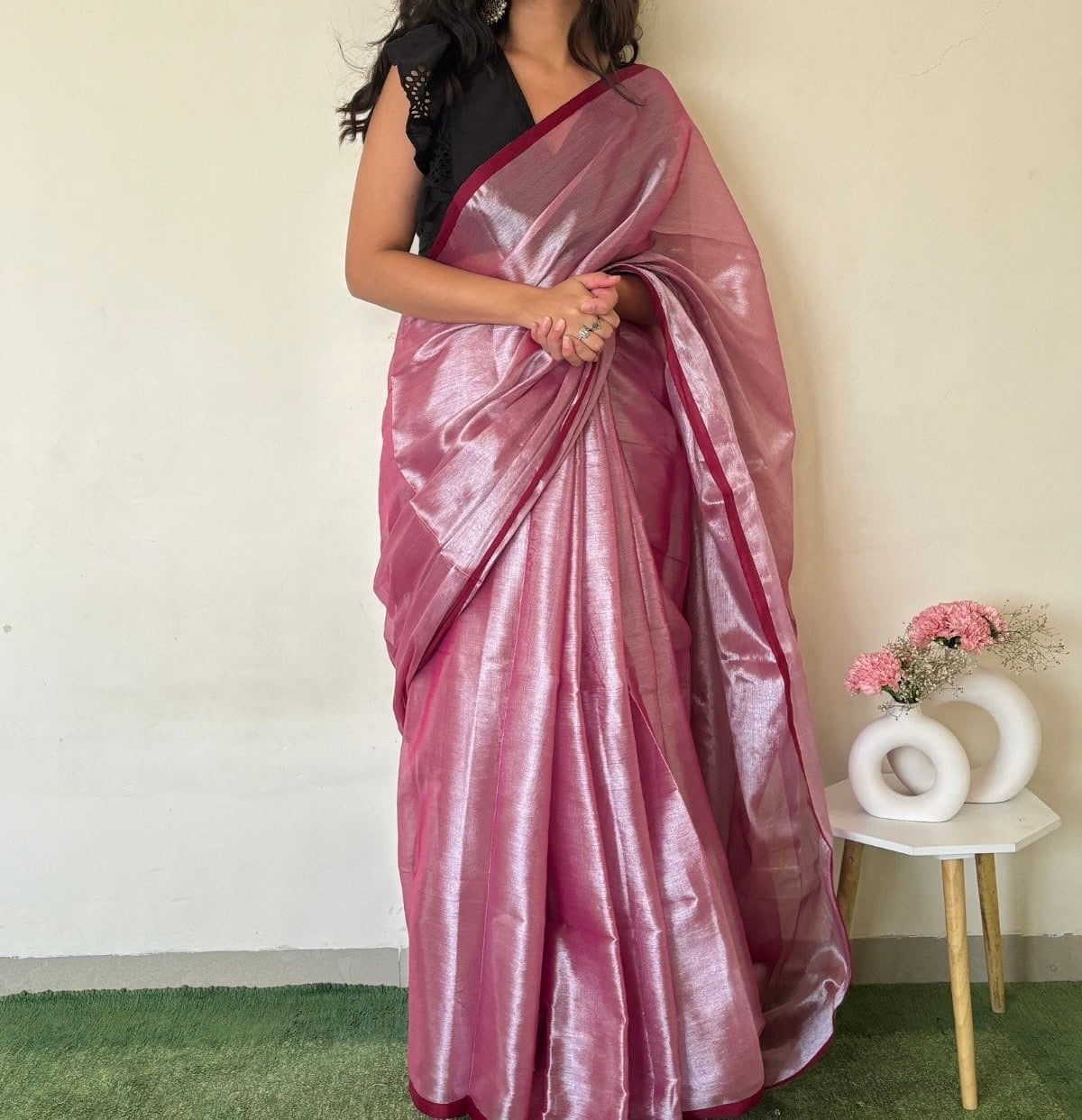 Pink pure cotton tissue saree