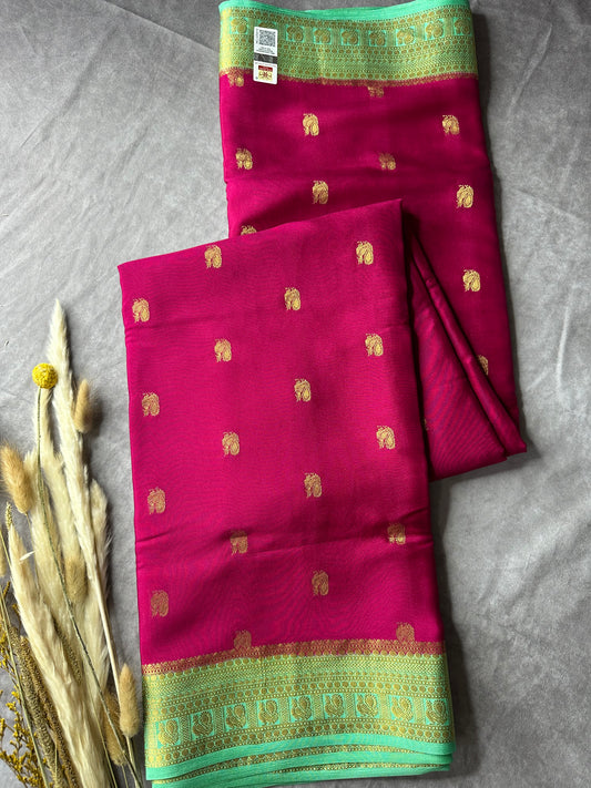 Magenta pink- teal green peacock butta pure crepe silk saree