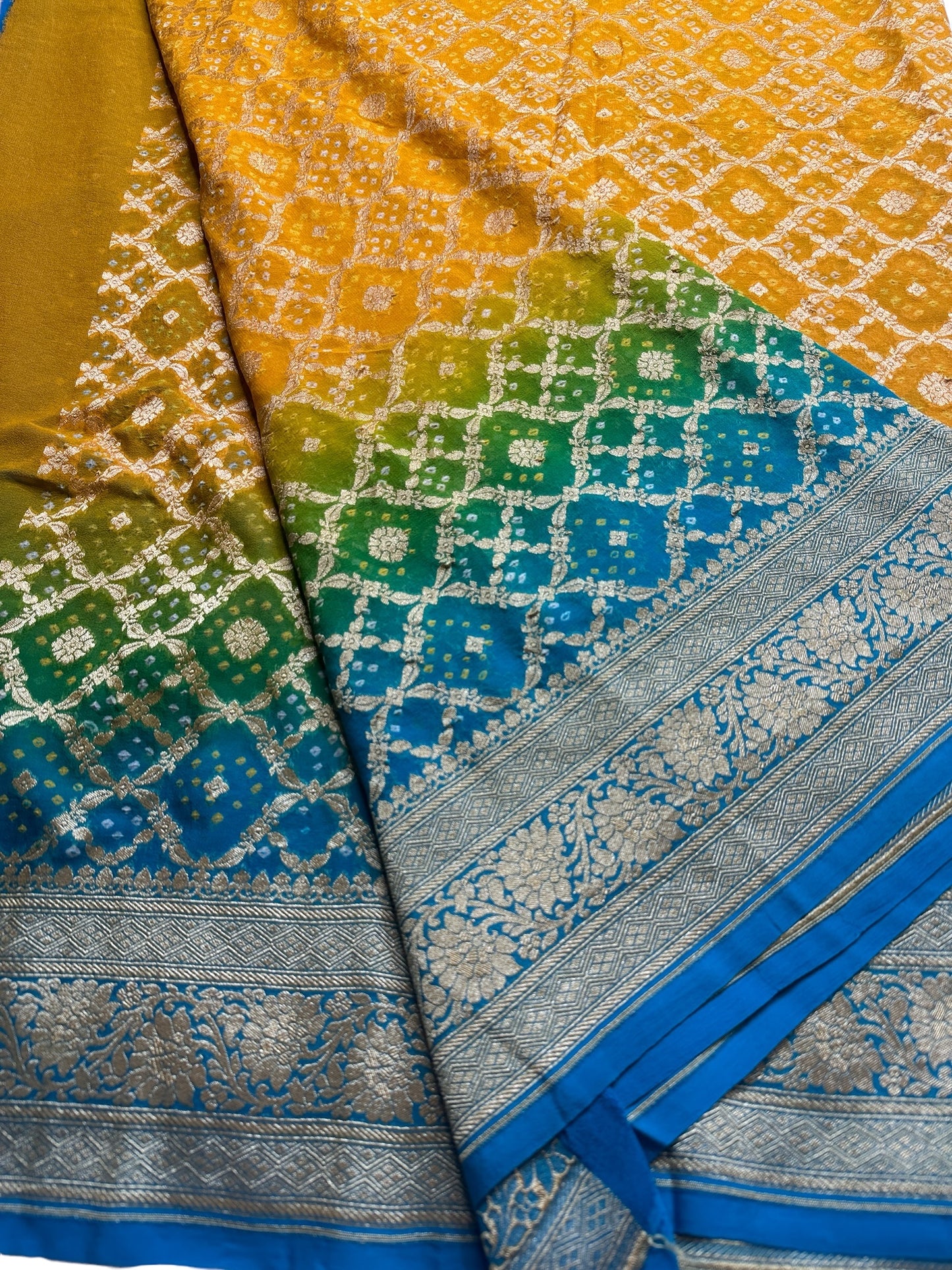 MULTI COLOURED -YELLOW-GREEN-BLUE SHADED GEORGETTE WITH A BANDHINI PRINT