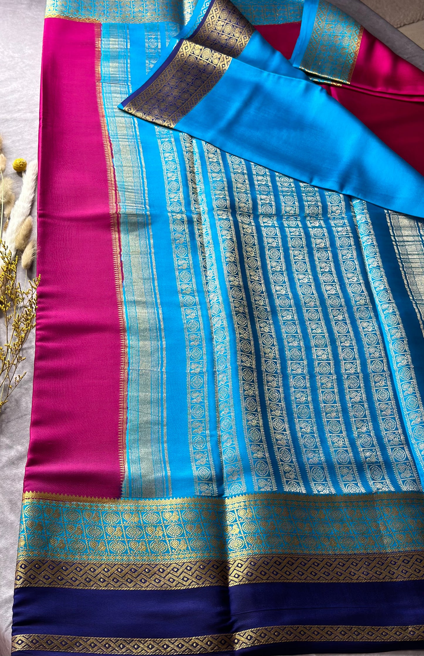 Rani pink-blue Sarika 3D skirt pure crepe silk saree