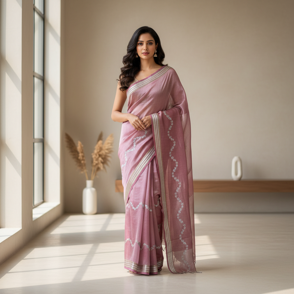 Pink pure tissue organza saree