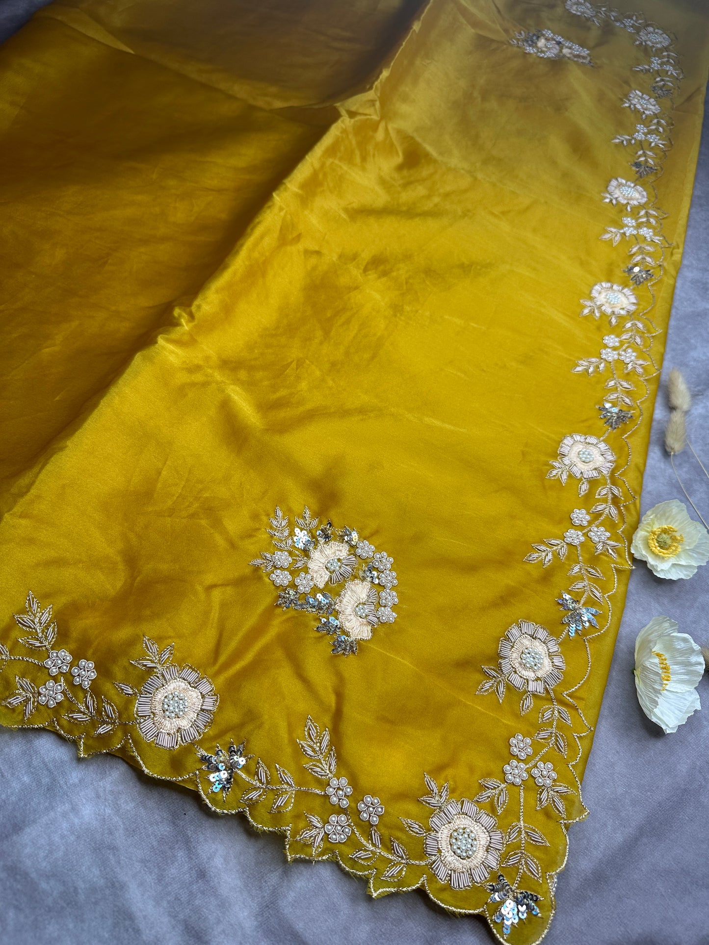 Golden yellow satin organza hand embroidery saree