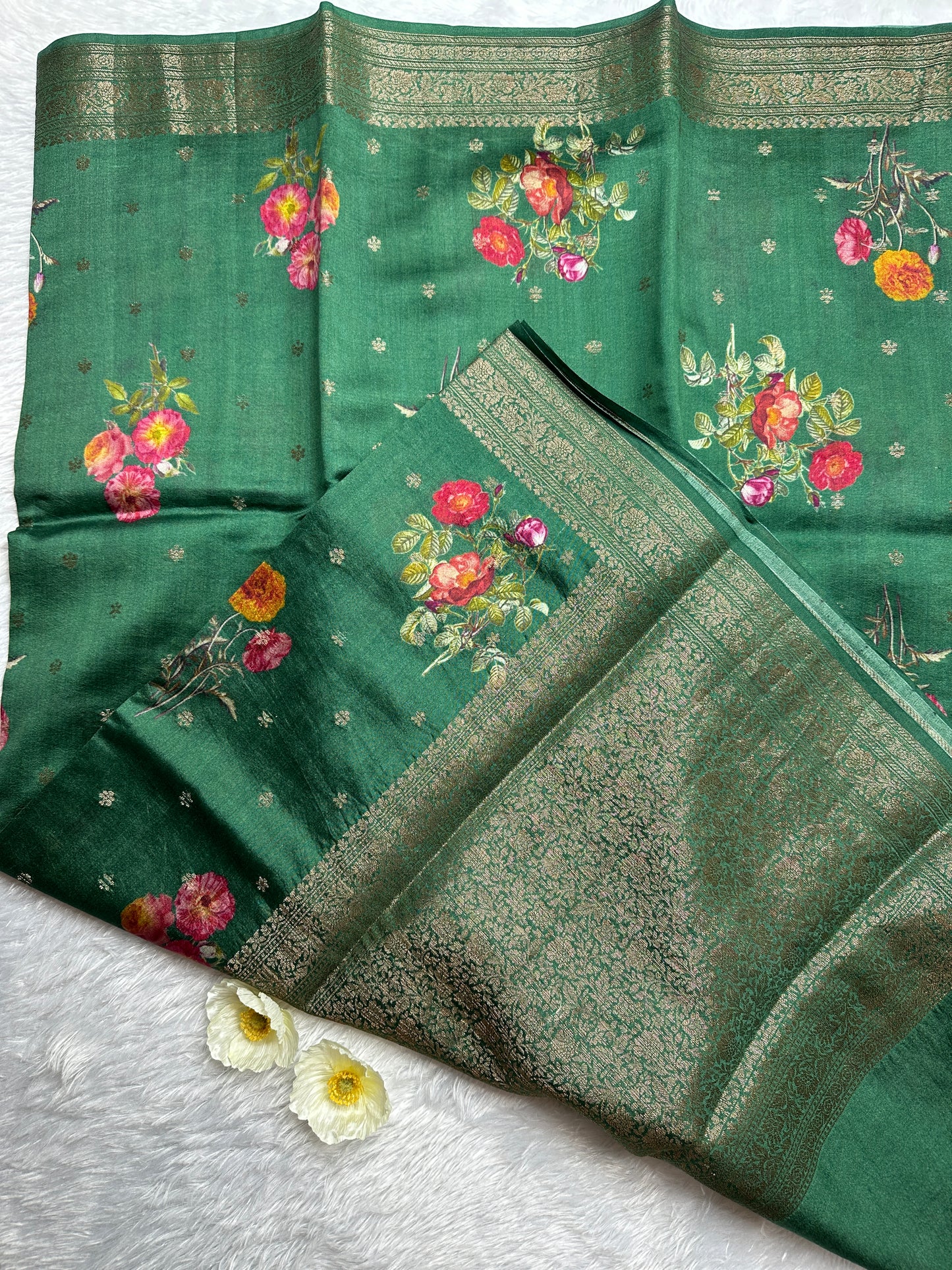 Green printed pure chiniya silk saree