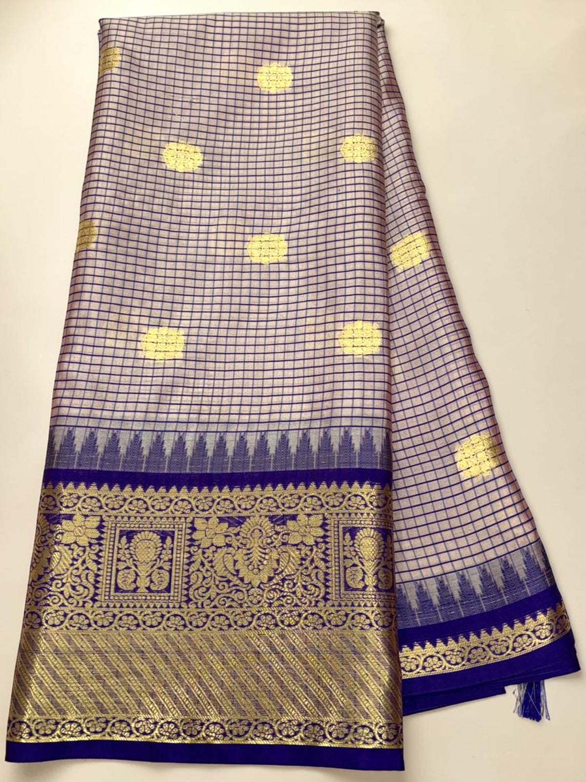 Blue checkered semi silk saree