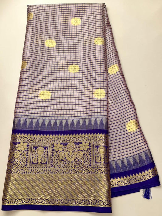 Blue checkered semi silk saree