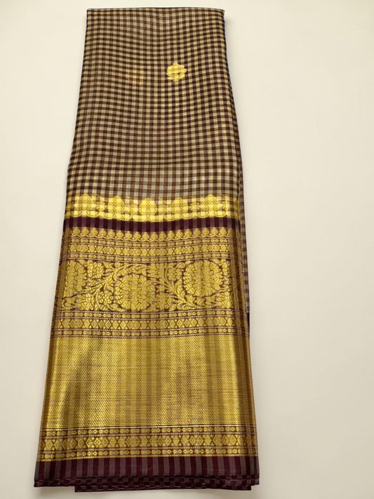 Brown checkered semi silk saree