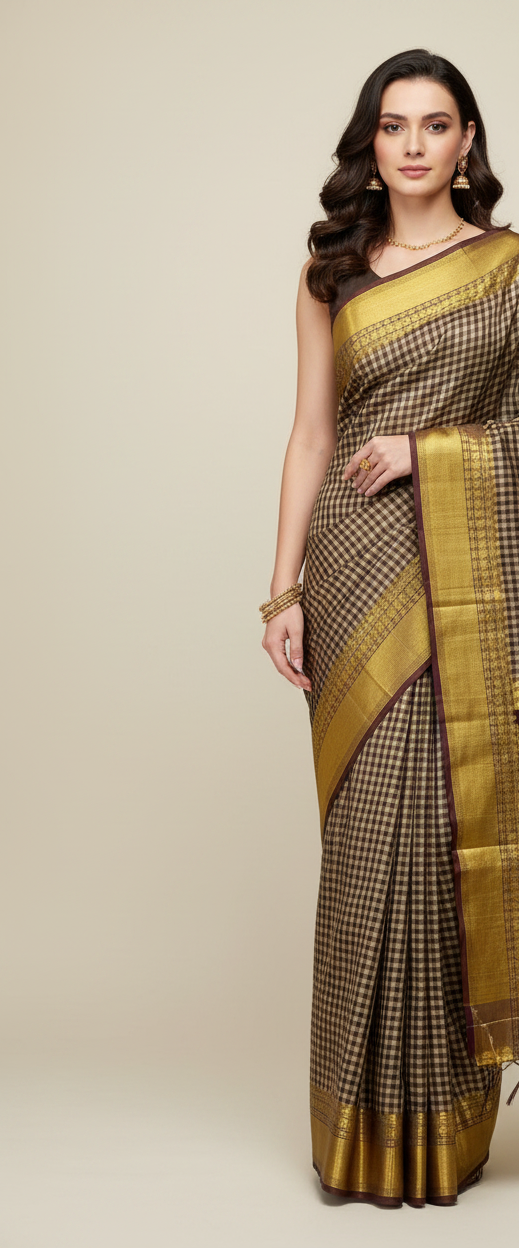 Brown checkered semi silk saree