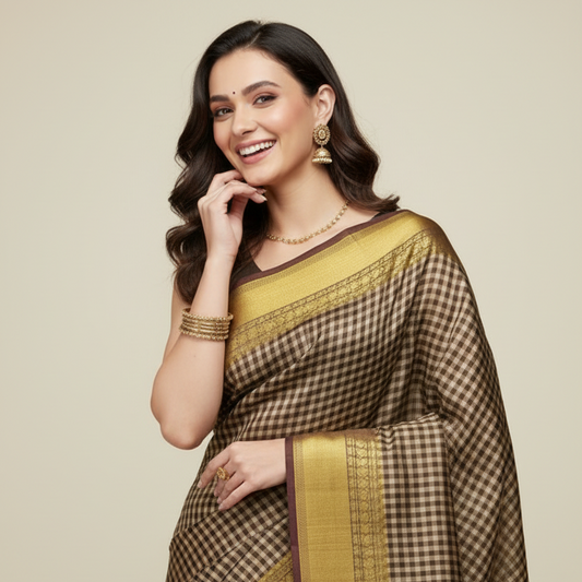 Brown checkered semi silk saree
