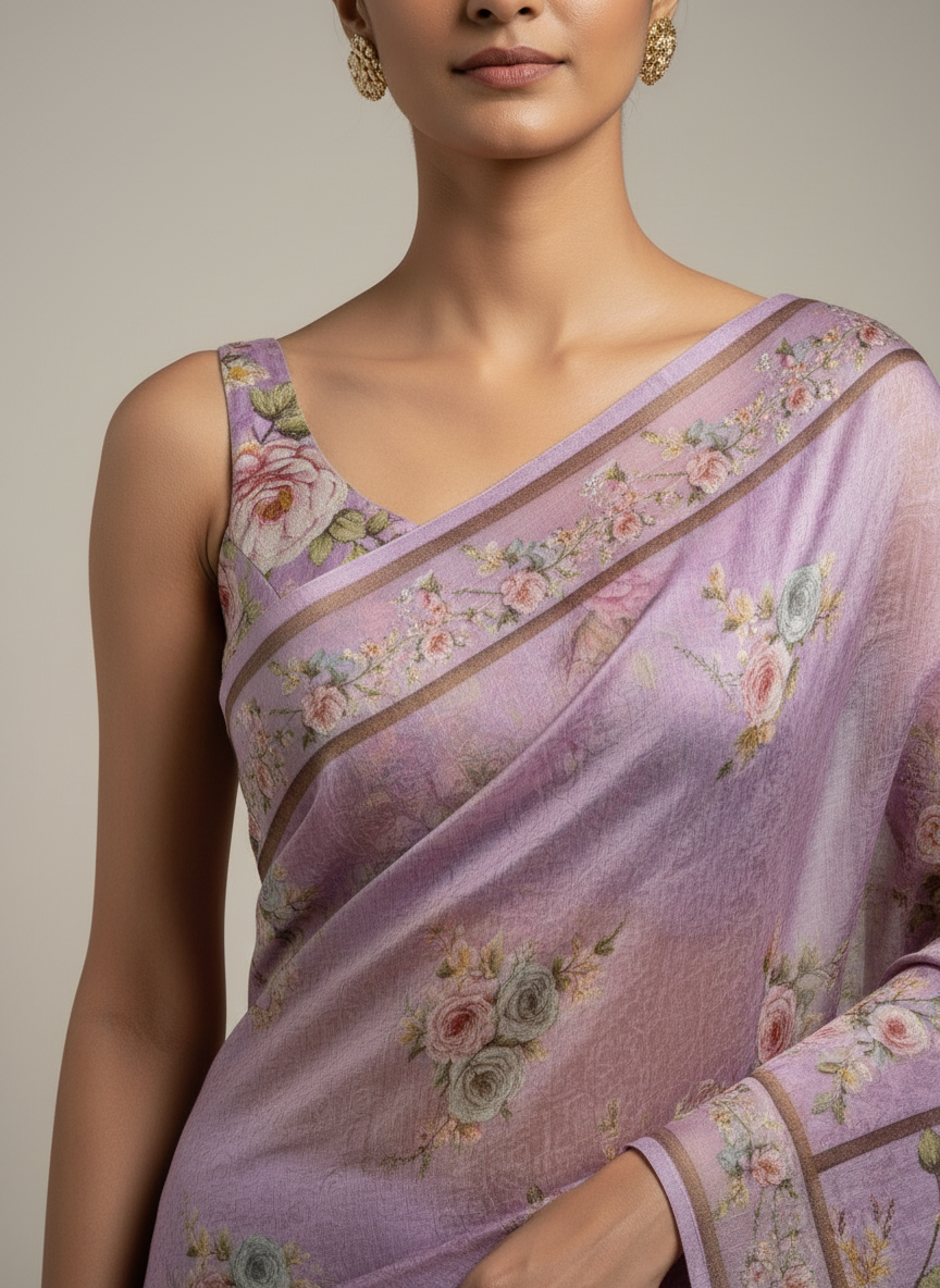 Lavender Pure printed organza saree