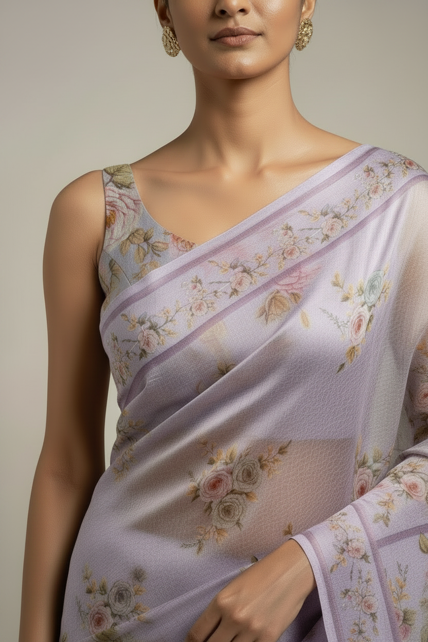Lavender Pure printed organza saree