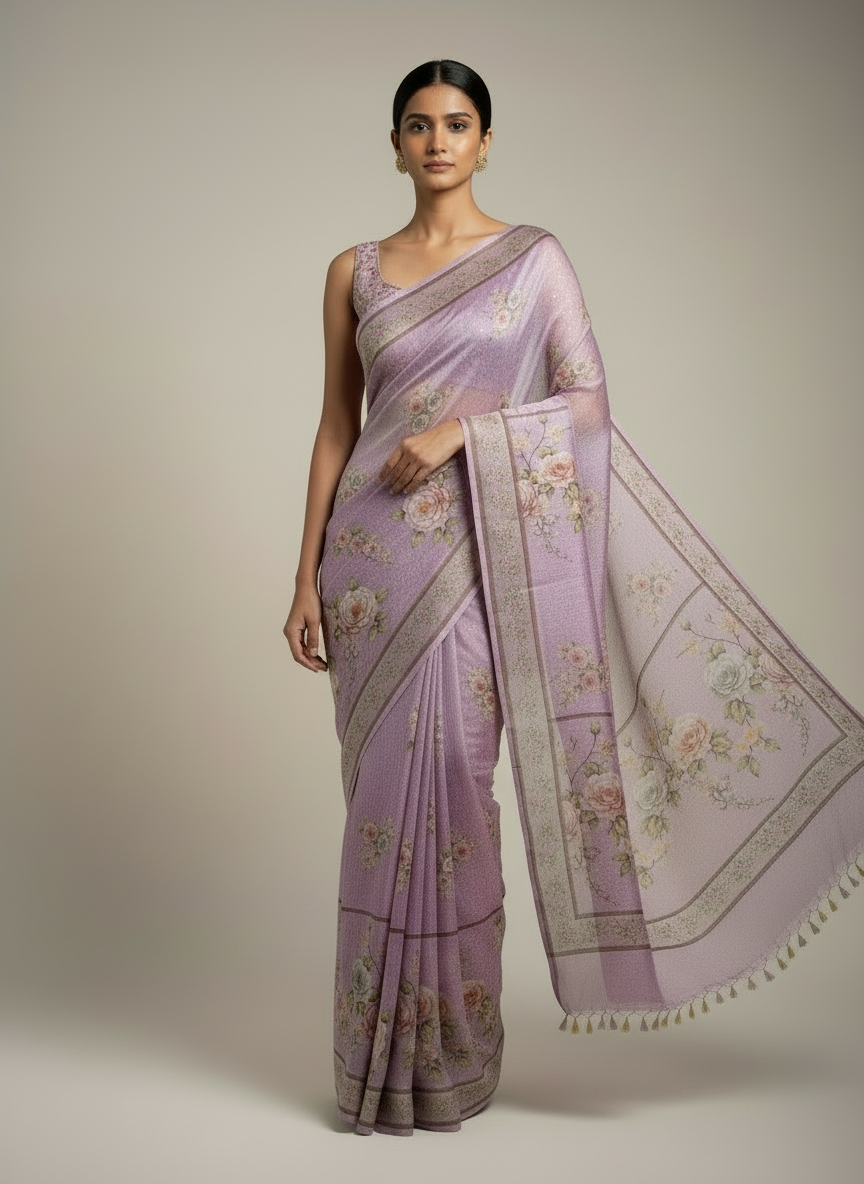 Lavender Pure printed organza saree
