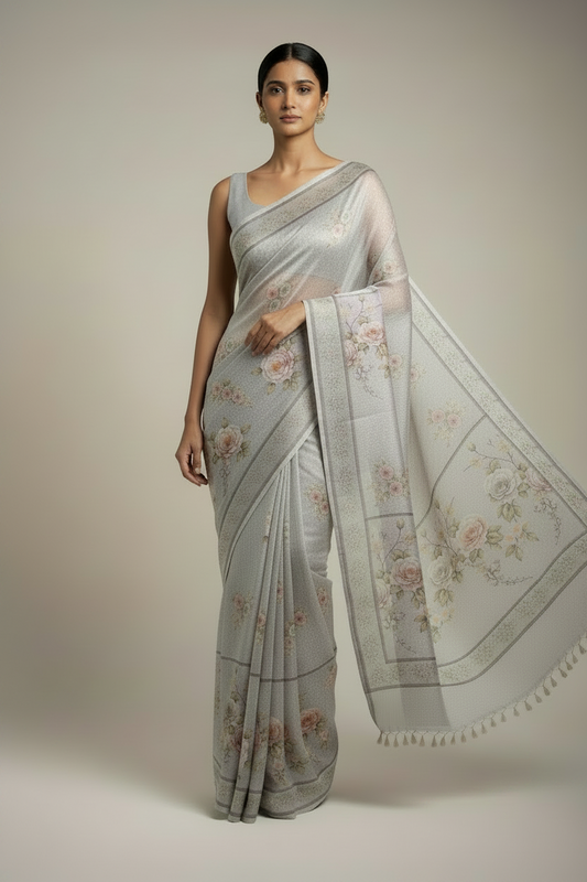 light grey Pure printed organza saree