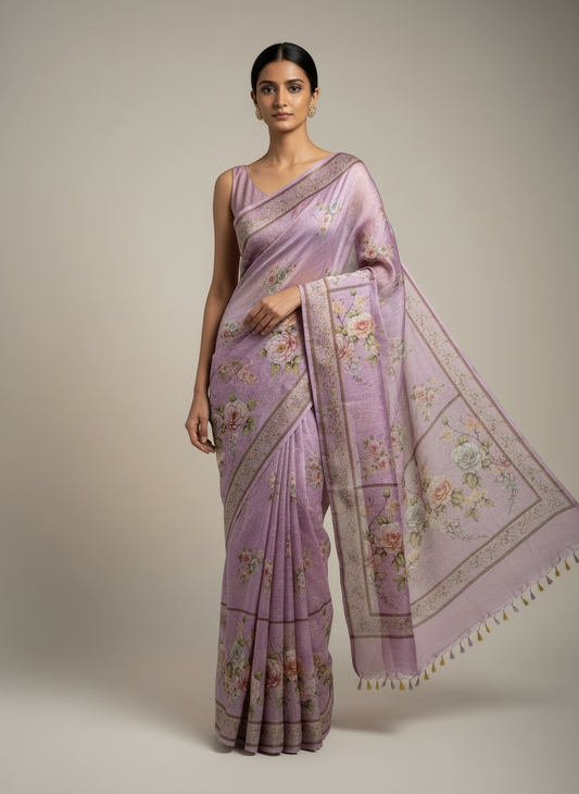 Lavender Pure printed organza saree