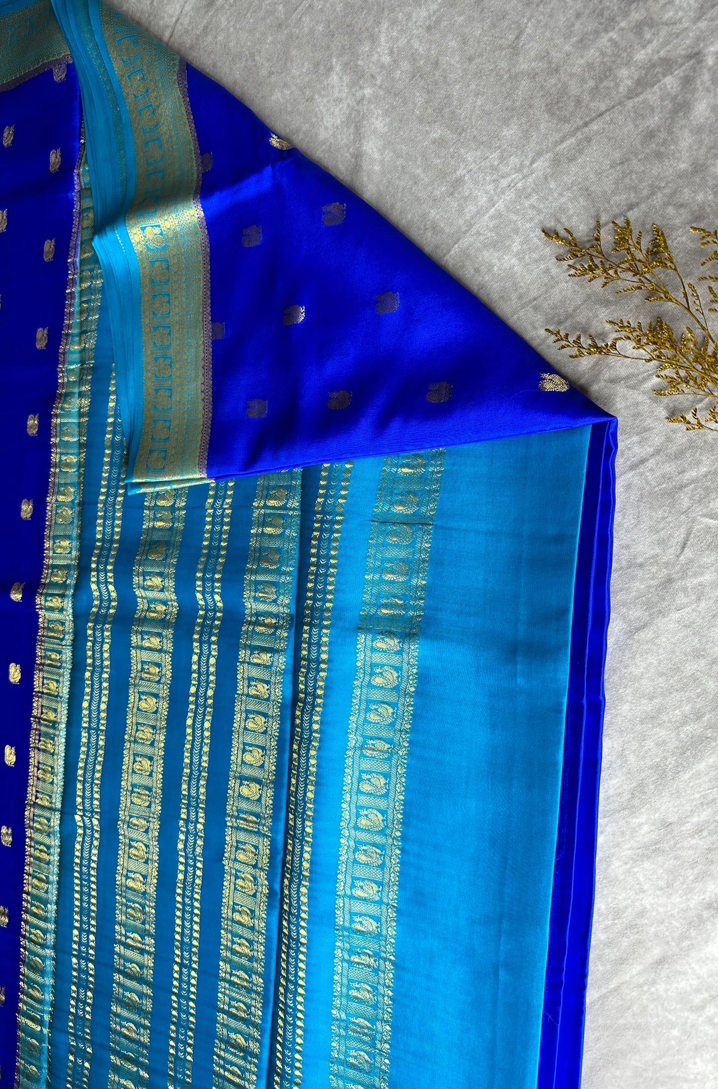 Navy blue- sea green peacock butta pure crepe silk saree