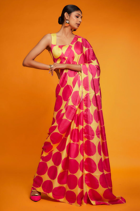 Pink - yellow printed soft satin saree