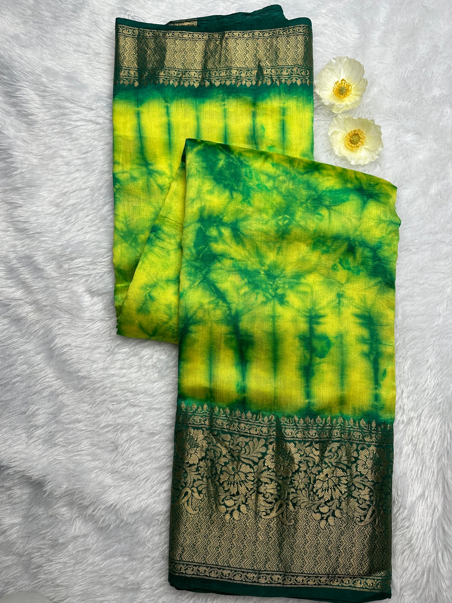 Green- yellow tie-dye pure chiniya silk saree