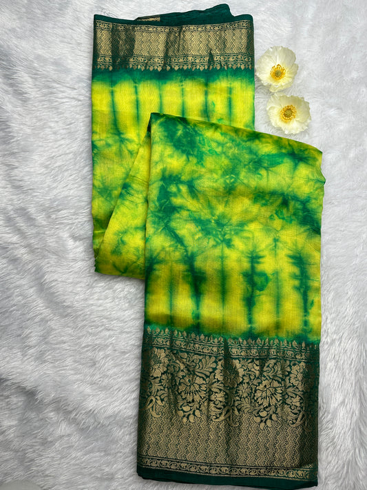 Green- yellow tie-dye pure chiniya silk saree