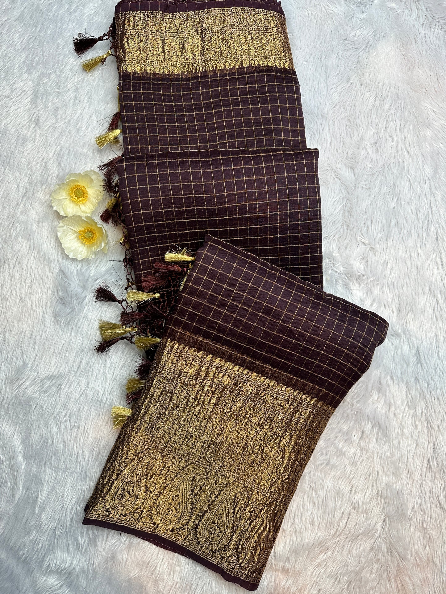 Coffee brown organza checks saree