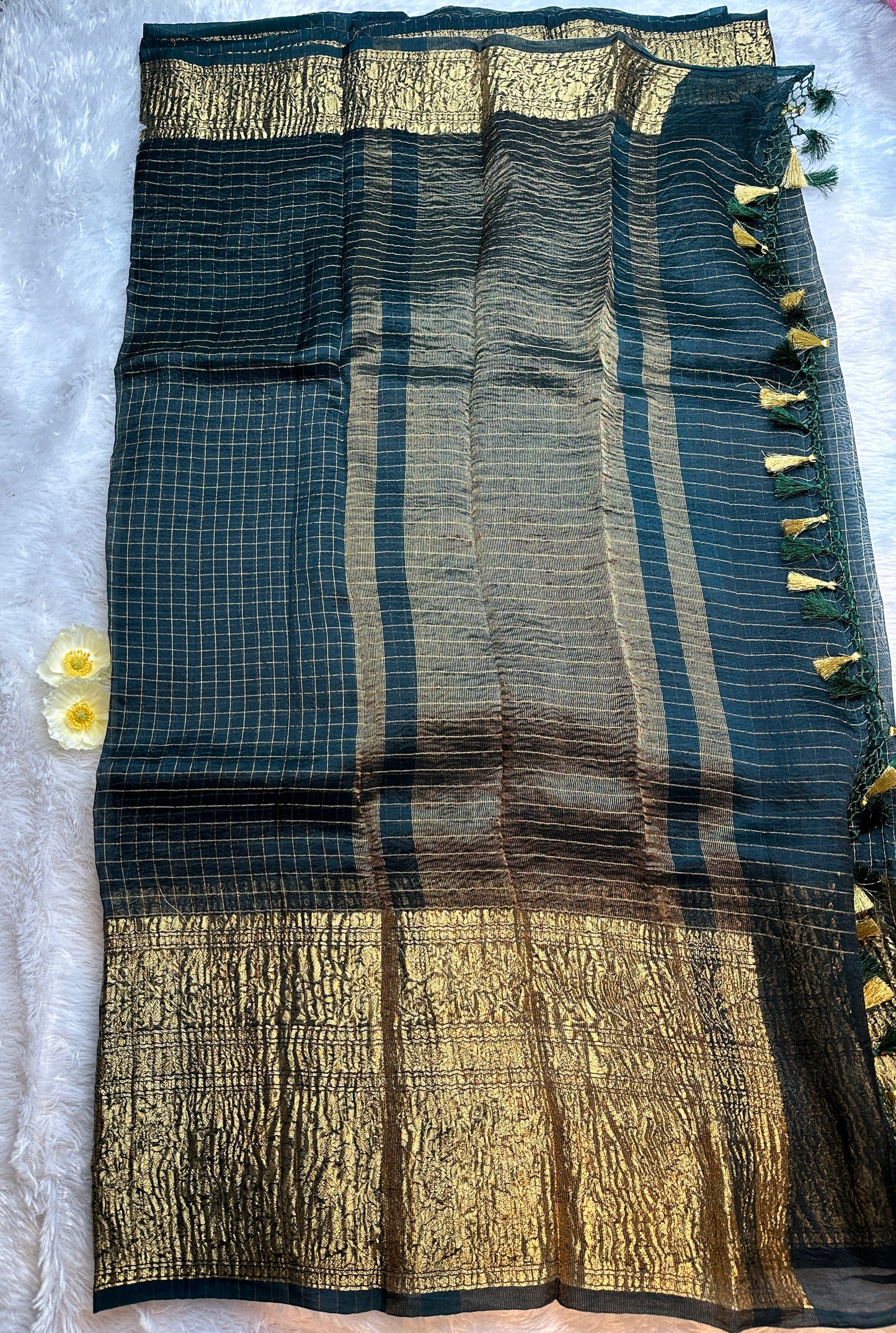 Forest green organza checks saree