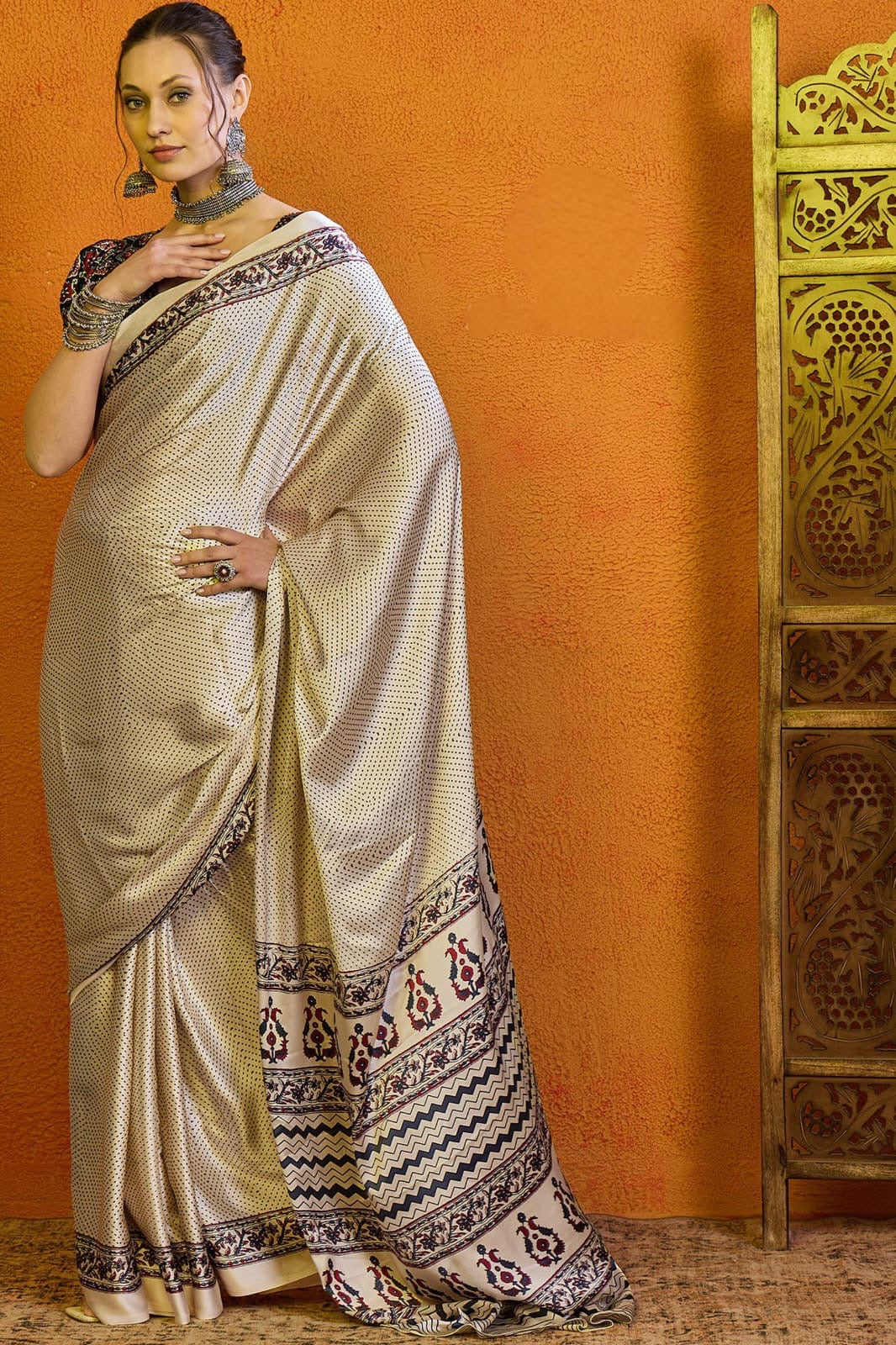 Off-white modal satin saree