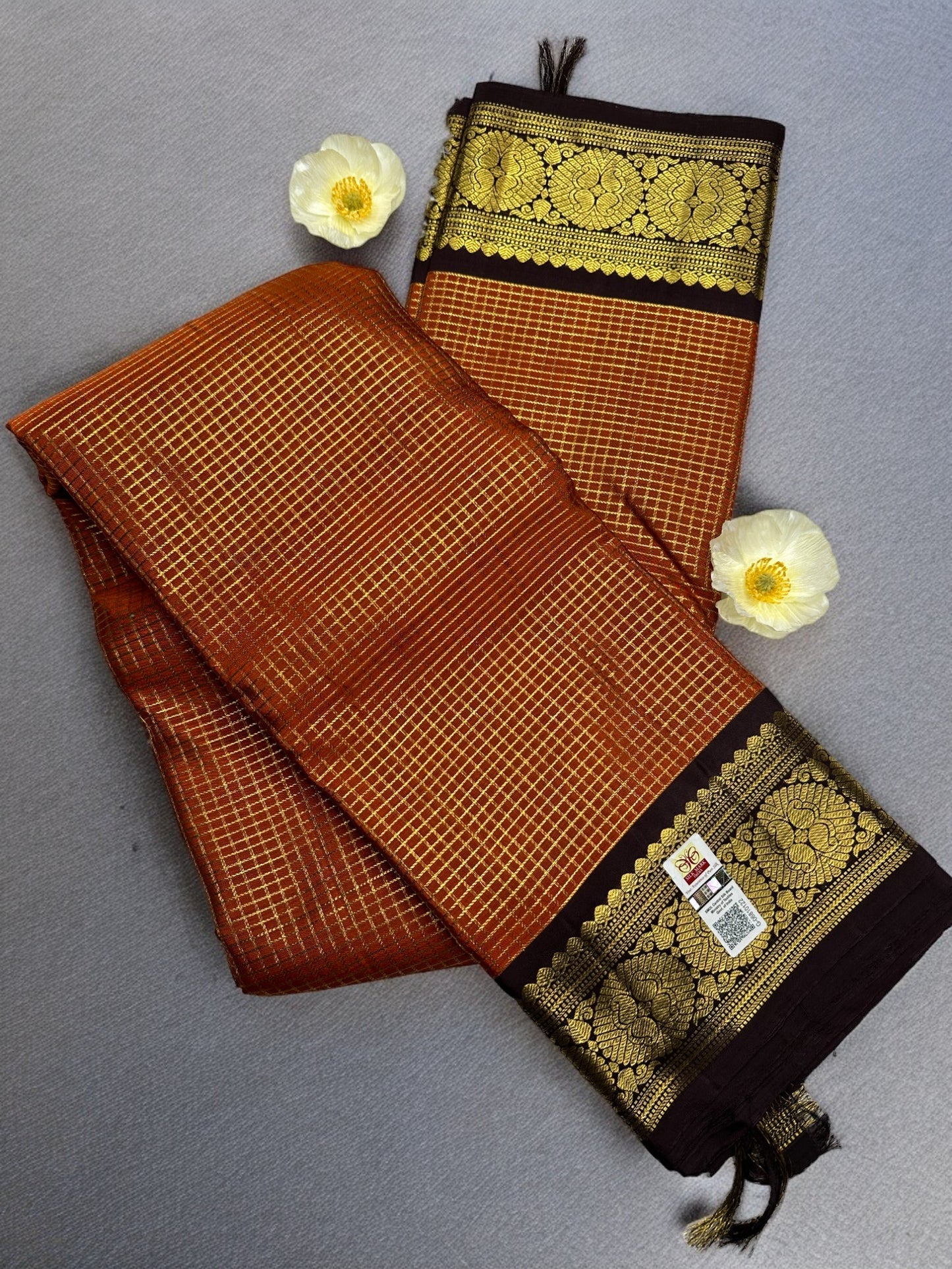 Rust orange- coffee brown pure Kanjeevaram silk saree