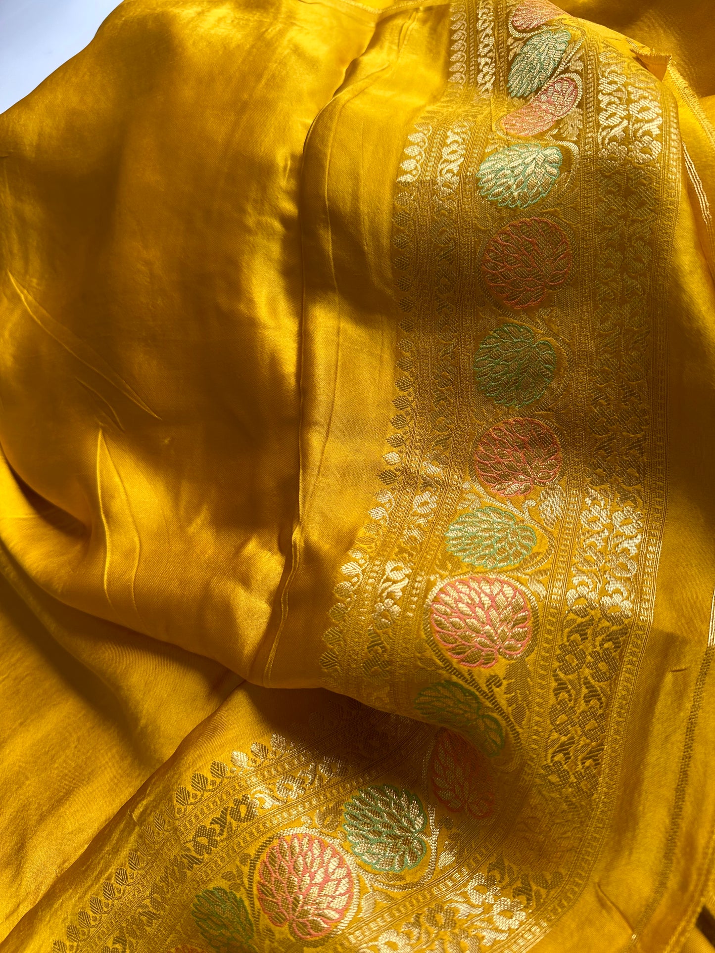 Mastard yellow mashru satin silk saree